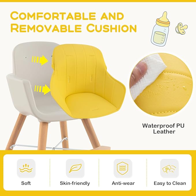 BABY JOY Convertible Baby High Chair, 3 in 1 Wooden Highchair/Booster/Chair with Removable Tray, Adjustable Legs, 5-Point Harness, PU Cushion and Footrest for Baby, Infants, Toddlers (Yellow)-CubbioJoy