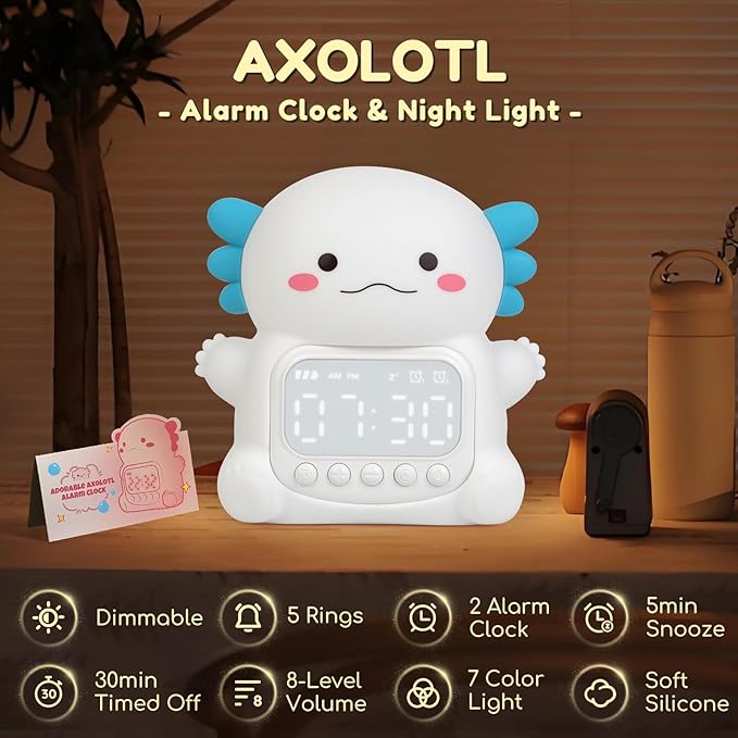 Axolotl Alarm Clock with Night Light for Kids, 7 RGB Color Cute Alarm Clocks for Bedrooms Ok to Wake Clocks, Silicone Animal Tabletop Lamp for Teen Girls Boys, White-CubbioJoy