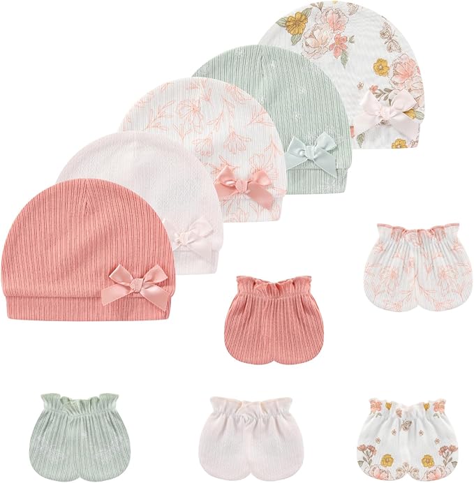 Baby Hat and Mittens Set Cotton Newborn Baby Hats Caps for Boys and Girls, 0-6 Months-CubbioJoy
