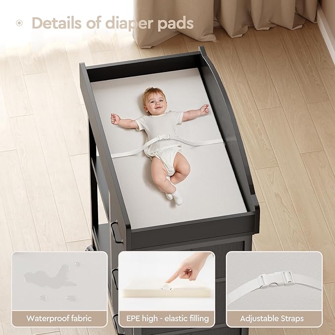 Changing Table Dresser, Baby Dresser with 3 Fabric Drawers and 2 Shelves, Multi-Functional Baby Changing Table with Pad, Classic Nursery Dresser, Diaper Changing Station for Nursery, Black-CubbioJoy