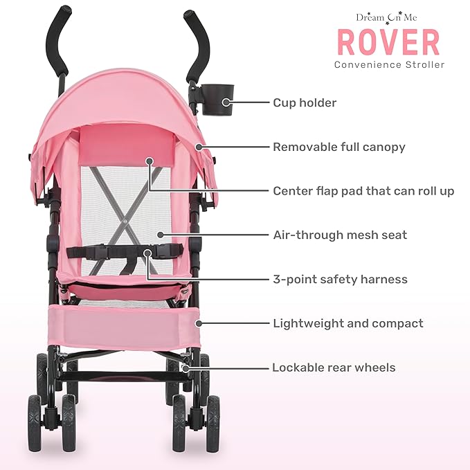 Dream On Me Rover Convenience Baby Stroller in Pink, Lightweight & Compact Umbrella Stroller, Easy one-Hand fold Travel Stroller, Lockable Rear Wheels, Removable & Adjustable Canopy-CubbioJoy