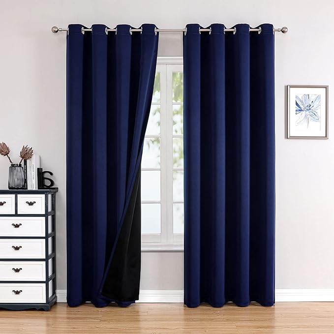 ChrisDowa 100% Blackout Curtains 120 inch Long for Bedroom with Black Liner, 2 Thick Layers Total Blackout Thermal Insulated Grommet Long Window Curtains 2 Panels Set (Navy Blue, 52 x 120 Inch)-CubbioJoy