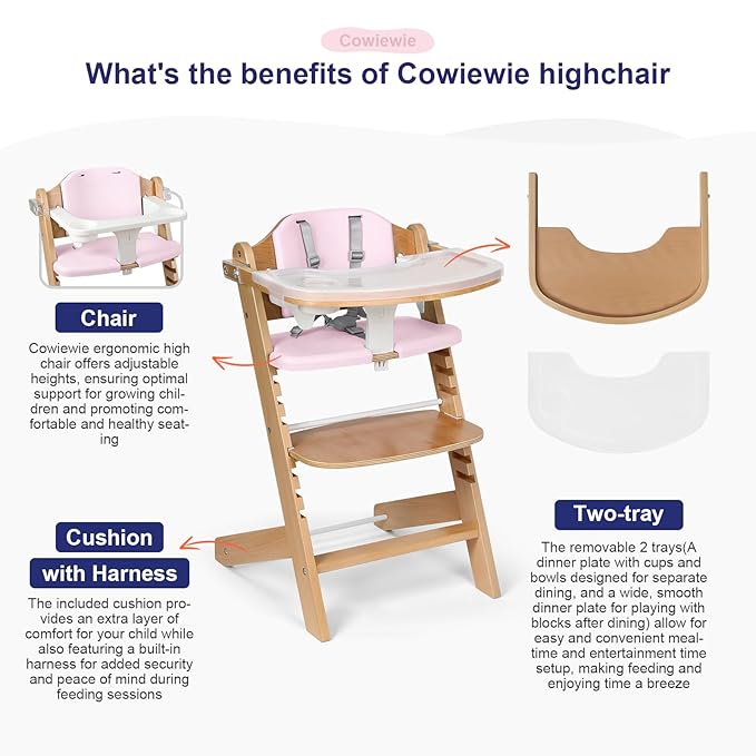 Cowiewie Natural Wooden High Chair for Babies & Toddlers 3-Tier Remove Adjustable Tray and Highchair with Cushions, Easy to Clean, Portable. (Pink)-CubbioJoy