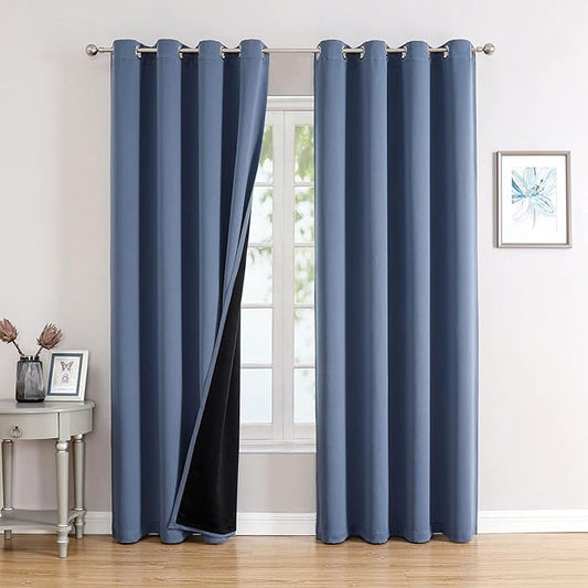 ChrisDowa 100% Blackout Curtains for Bedroom with Black Liner, 2 Thick Layers Total Blackout Thermal Insulated Grommet Window Curtains 2 Panels Set (Stone Blue, 52 x 84 Inch)-CubbioJoy