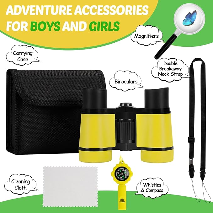 Binoculars for Kids, Kids Binoculars Toys for 3 4 5 6 7 8 Years Boys and Girls, Set with Magnifying Glass & Compass - Birthday Gifts Outdoor Toy for Kid Ages 3-8 Toddler Camping (Yellow)-CubbioJoy