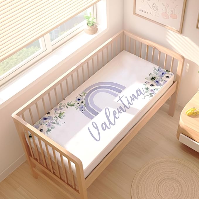 Baby Girl Crib Bedding Sets Personalized with Name – Custom 3-Piece Nursery Set, Rainbow with Floral Flannel Blanket, Crib Fitted Sheet & Pillowcase – Baby Newborn Infant Toddler Shower Gift-CubbioJoy