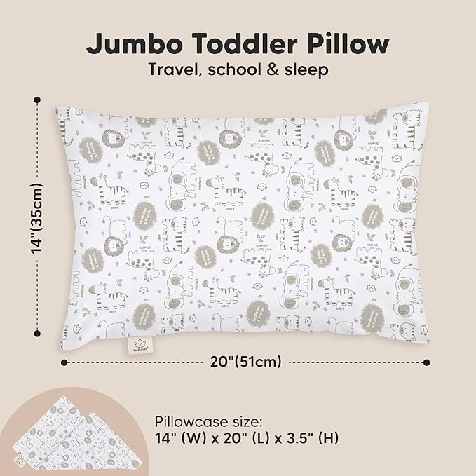 KeaBabies Toddler Pillow with Pillowcase, Jumbo 14X20 - Soft Organic Cotton Toddler Pillows for Sleeping - Machine Washable - Perfect for Travel, Toddler Bed Set (KeaSafari)-CubbioJoy