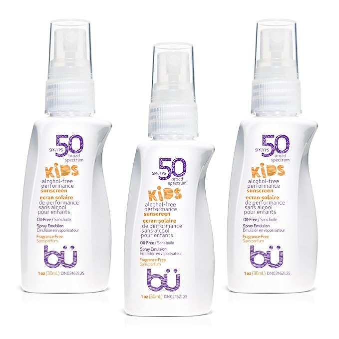 BU SPF 50 Kids Sunscreen Spray for Face and Body, Non Aerosol Spray, Fragrance Free, Clear, Non Greasy, Water Resistant, Fragrance Free 1 oz (3 Pack)-CubbioJoy