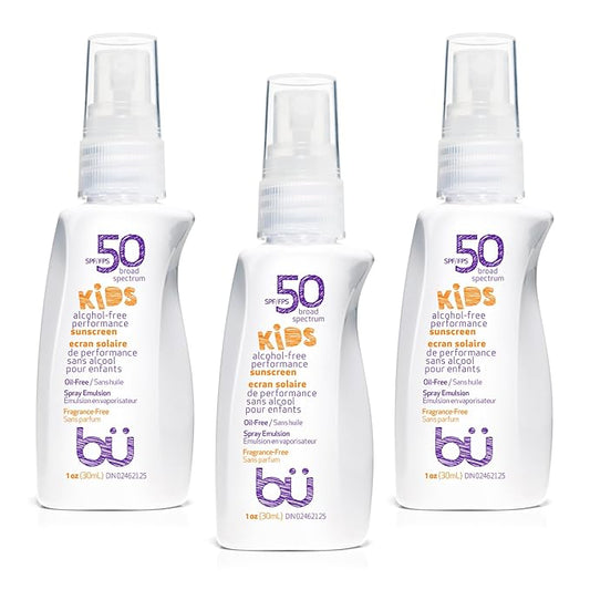 BU SPF 50 Kids Sunscreen Spray for Face and Body, Non Aerosol Spray, Fragrance Free, Clear, Non Greasy, Water Resistant, Fragrance Free 1 oz (3 Pack)-CubbioJoy