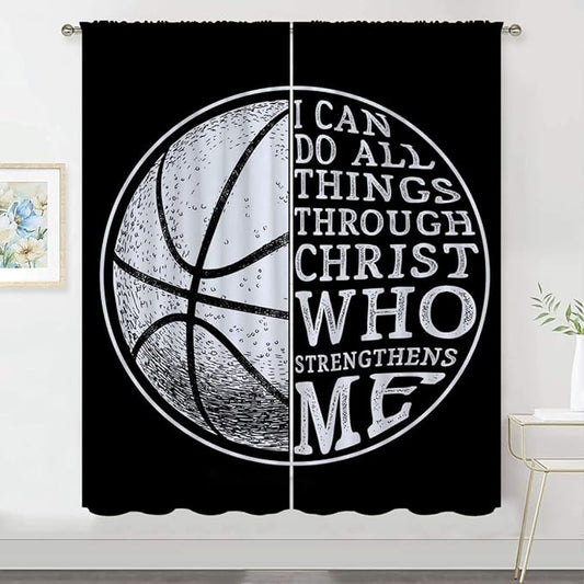Basketball Blackout Curtains for Boy Girl Room Darkening Decor,Sport Theme and White Motto Dark Background Bedroom Living Room Home Rod Pocket Thermal Insulated Window Curtain/Drapes Panel,63x63 Inch…-CubbioJoy