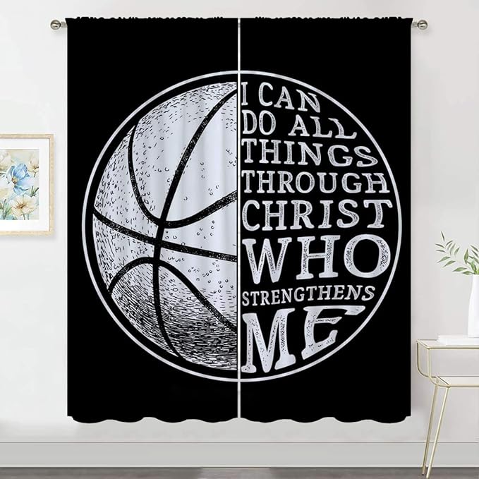 Basketball Blackout Curtains for Boy Girl Room Darkening Decor,Sport Theme and White Motto Dark Background Bedroom Living Room Home Rod Pocket Thermal Insulated Window Curtain/Drapes Panel,42x63 Inch…-CubbioJoy