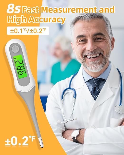 8 Seconds Digital Oral Thermometer for Adults and Kids, Accurate & Safe Baby Thermometer with Fever Alarm, 3 Backlits Display, Flexible Tip, Medical Basal Thermometer for Rectal, Underarm-CubbioJoy