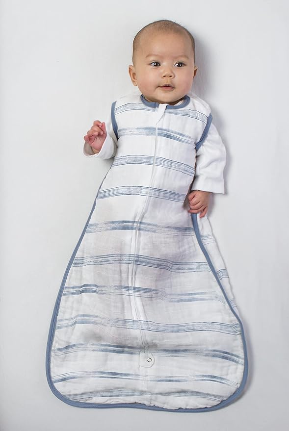 Amazing Baby Cotton Muslin Sleeping Sack, for Baby Boy or Girl, Wearable Blanket with 2-Way Zipper, Watercolor Stripes, Denim, Medium (6-12 Month)-CubbioJoy