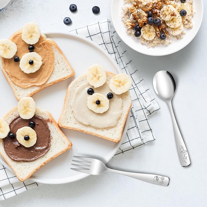 14-Piece Toddler Flatware, Kids Utensils Stainless Steel Cutlery Set, Children Safe Spoons and Forks with Ergonomic Handle, Easy to use and Dishwasher Safe (Crocodile and Bear)-CubbioJoy