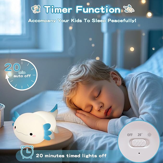 Axolotl Night Light,Cute Axolotl Lamp,Food Grade Silicone Nursery Nightlight,Rechargeable/Dimmable LED Squishy Novelty Animal Bedside Touch Lamp,Baby Room Decor, Axolotl Gifts for Kids/Boys-CubbioJoy