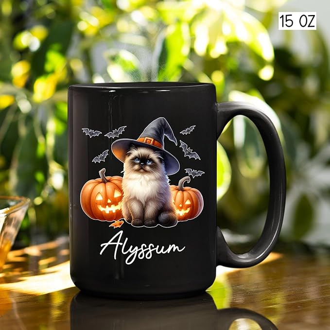 Customized Himalayan Wearing Witch Hat Mug with Name, Personalized Halloween Himalayan Ceramic Mug 11oz 15oz, Cat Pumpkins Black Coffee Cup, Halloween Cup Gift for Pet Lover Family Friend-CubbioJoy