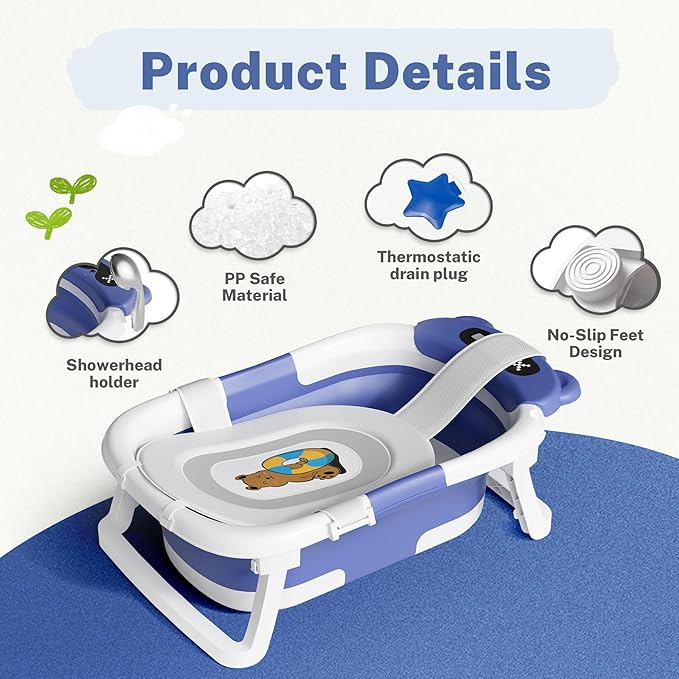 AVIDOR Baby Bathtub,Collapsible Bathtub for Newborn to Toddler,Durable Essential Infant Bath Tub,Portable Travel Baby Bathtub with Soft Cushion,No-Slip Hanging and Detachable Bathtub(Navy Blue)-CubbioJoy