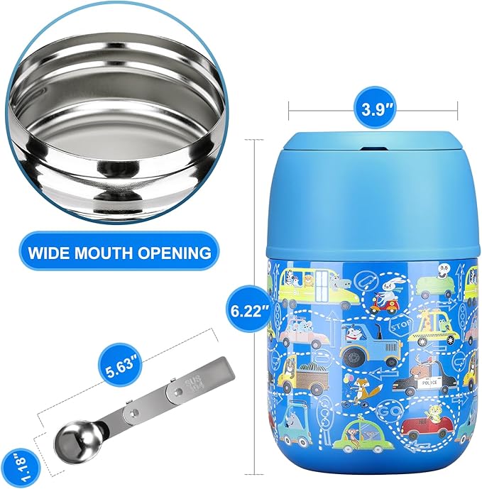 17 oz Insulated Lunch Containers Hot Food Jar, Wide Mouth Lunch Thermo for Kids Adults, Vacuum Stainless Steel Lunch Box With Handle Folding Spoon for School, Office Blue - Car-CubbioJoy