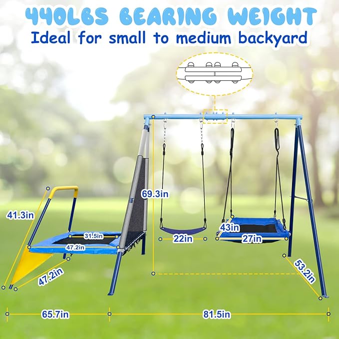 440lbs Kids Swing Set, 3-in-1 Outdoor Playground with Platform Swing, Belt Seat & 4ft Trampoline, Heavy Duty A-Frame Metal Stand & Safety Stakes, Backyard Playset for Toddlers 3-8 Years Old-CubbioJoy