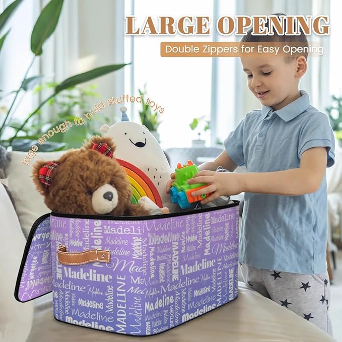 Custom Storage Basket with Name, Personalized Storage Bins with Zipper Lid, Foldable Fabric Storage Box Large capacity with Handle Purple-CubbioJoy