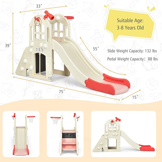 BABY JOY Toddler Large Slide, 6 in 1 Slide for Kids with Basketball Hoop, Ring Toss, 2 in 1 Convertible Climbing Way, Freestanding Kids Slide Climber Set for Indoors Outdoor Boys Girls Gifts Present-CubbioJoy