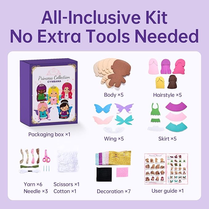 Cymbana Princess Felt Craft Kit for Girls Beginner Sewing Kit, Arts and Crafts for Kids Ages 8-12 Make Your Own Fashion Designer Kits-CubbioJoy