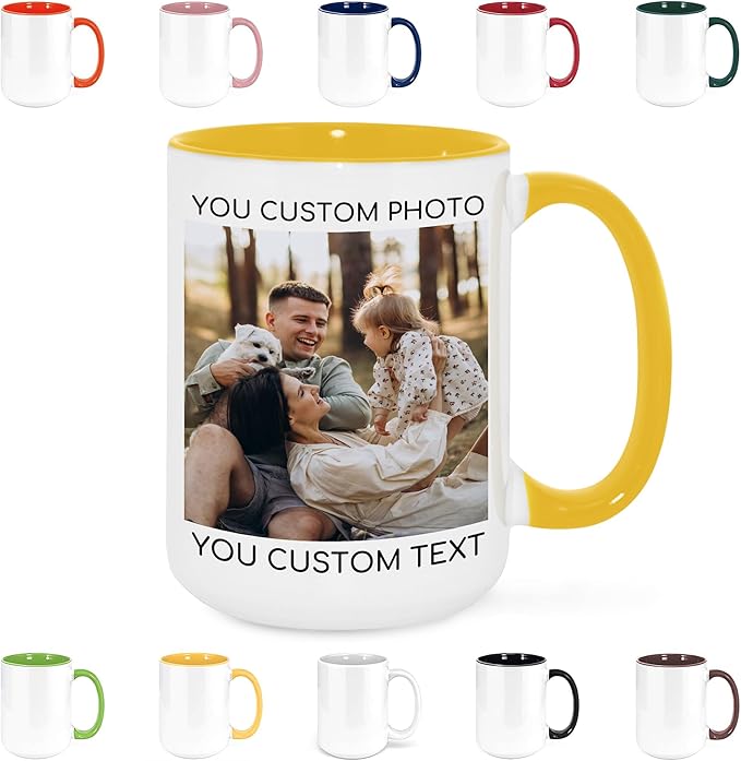 Custom Mug Upload Your Picture Personalized Coffee Mug with Photo Text Name Customized Cup Unique Ideas Gifts for Men Women Mom Dad Girlfriend Boyfriend Friend Family (Yellow, 15oz)-CubbioJoy