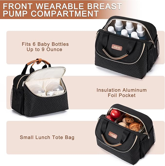 Breastmilk Cooler Bag with Ice Pack Fits 6 Baby Bottles up to 9 Ounce, Wearable Breast Pumps Cooler Bag for Nursing Mom Daycare, Work, Travel- Black-CubbioJoy