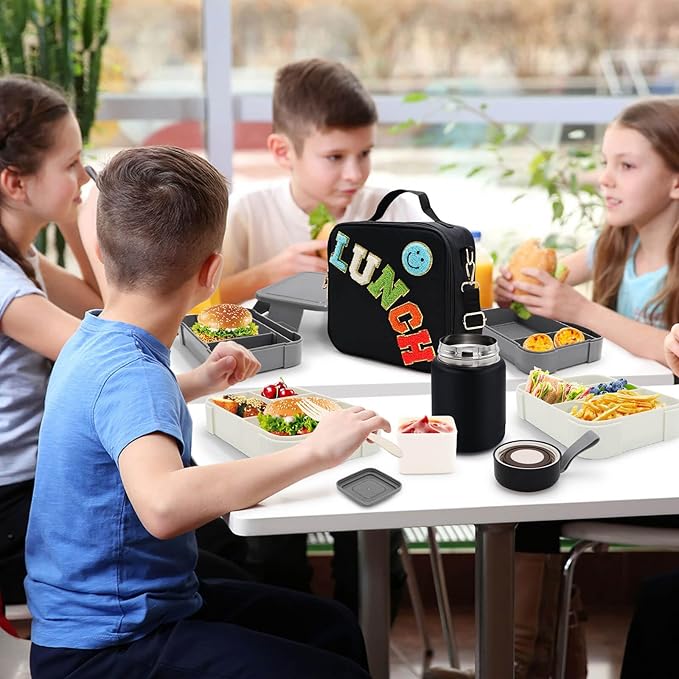 Insulated Lunch Bag for Boys Girls with 10oz Thermo, with 6 Compartment Bento Box, Black Nylon Preppy Lunch Box Adjustable Strap for Boy Girl Kids Teens School Travel Picnic-CubbioJoy