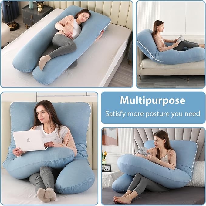 Amagoing Cooling Pregnancy Pillow for Sleeping, U Shaped Maternity Full Body Pillow for Women with Hip, Leg, Back Pain Support, Removable Cooling Cover Included (Light Blue)-CubbioJoy