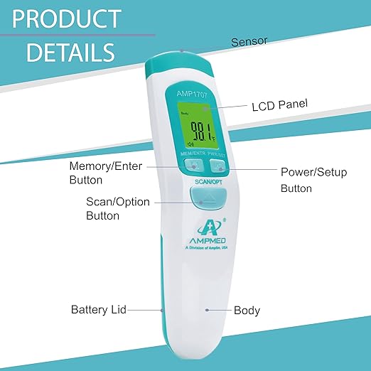 Amplim Non-Contact Forehead Thermometer & Case for Adults, Kids, Baby, FDA Cleared, Medical Grade, Touchless Infrared, 1-Sec Reading, Fever Alarm, Memory Recall, Quiet Mode, (White)-CubbioJoy