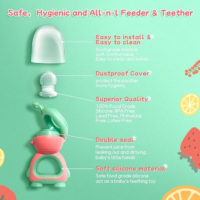 Baby Fruit Food Feeder - Silicone Nibble Tray Combo - Breastmilk Popsicle Mold for Cooling Relief, BPA Free Mesh Feeder for Infant Self Feeding (Robot Pink + Pineapple)-CubbioJoy