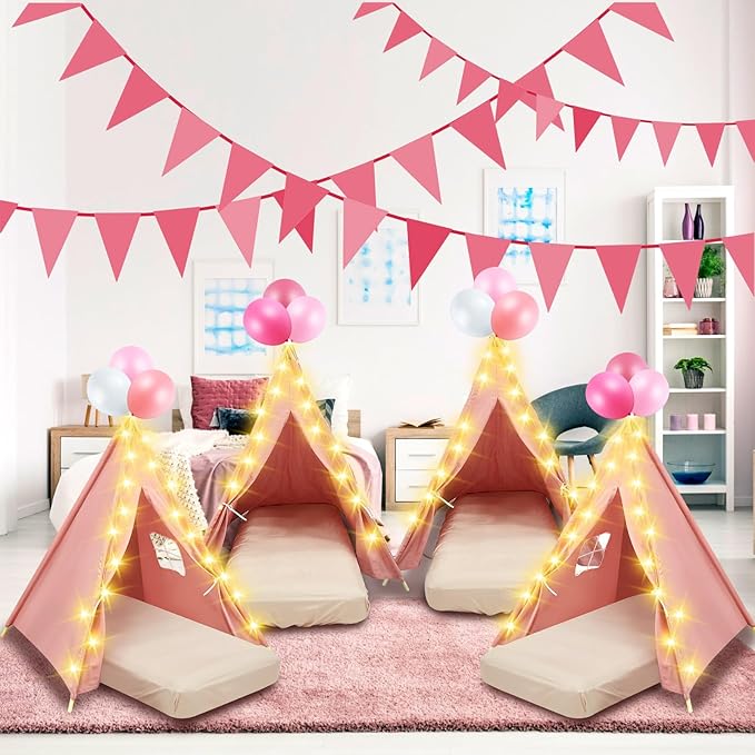 2 Pack Kids Teepee Tent with Mattress,Fitted Sheet,Light String,Washable Natural Cotton Toddler Play Tent for Girls Boys Indoor Outdoor Sleepover Slumber Birthday Party(Pink)-CubbioJoy