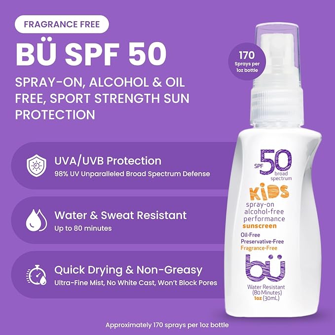 BU SPF 50 Kids Sunscreen Spray for Face and Body, Non Aerosol Spray, TSA Travel Size Sunscreen, Clear, Non Greasy, Water Resistant, Oil Free, Fragrance Free 1 oz-CubbioJoy