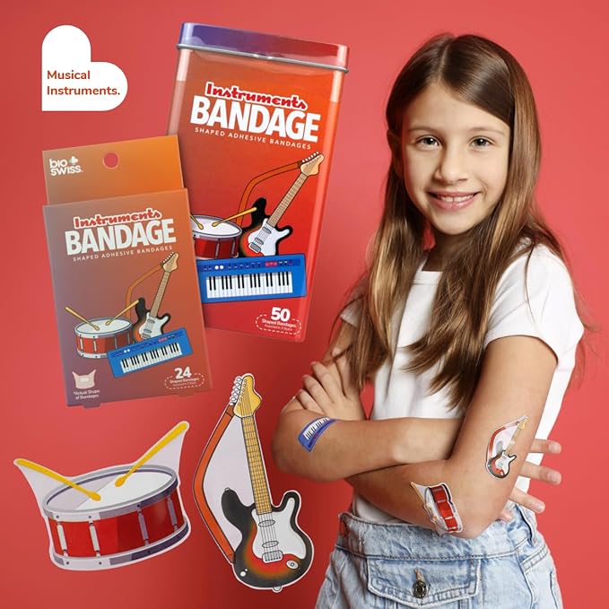 BioSwiss Bandages, Musical Instruments Shaped Self Adhesive Bandage, Latex Free Sterile Wound Care, Fun First Aid Kit Supplies for Kids and Adults, 24 Count-CubbioJoy