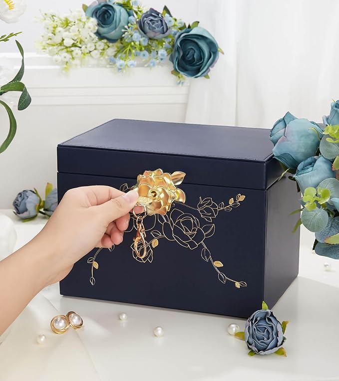 Jewelry Box with Lock for Girls: Jewelry Organizer for Dresser - 3-Drawer Earrings Storage Girls Women Gift (Dark Blue-CubbioJoy
