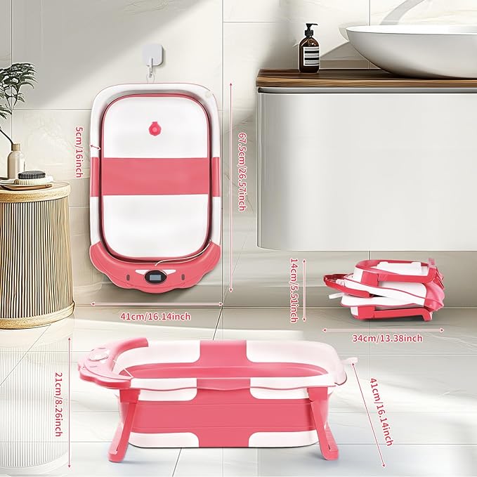 Baby Bathtub,Collapsible Baby Bath Tub with Thermometer & Soft Floating Cushion,Portable Travel Baby Bathtubs for Newborns to Toddlers 0-36 Months(Bear Pink)-CubbioJoy