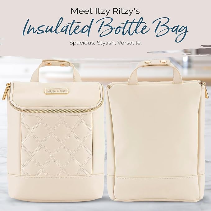 Itzy Ritzy Insulated Bottle Bag – Keeps Bottles Warm or Cool - Holds 3 Bottles & Features Interior Pocket for Ice Pack (Not Included), Milk & Honey-CubbioJoy