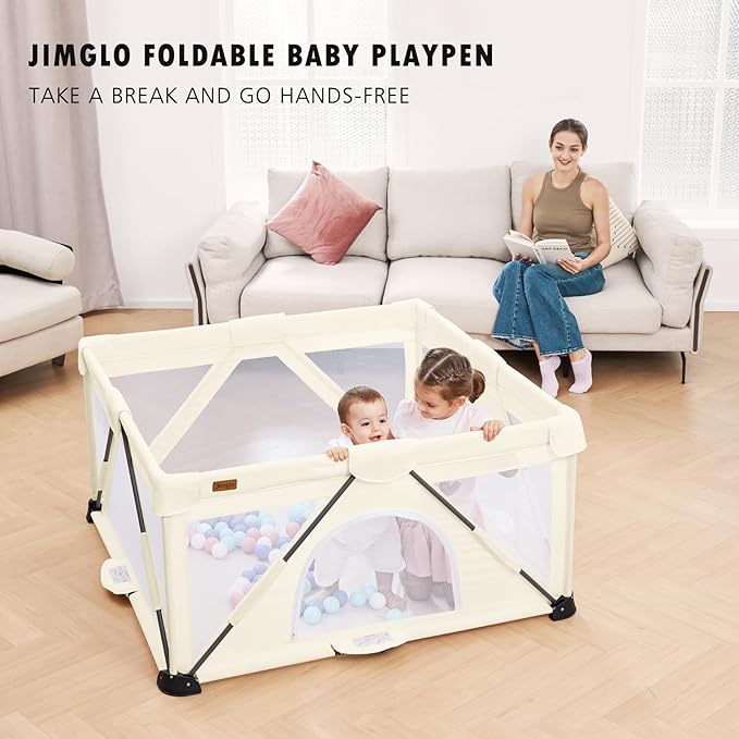 Baby Playpen Foldable, Playard for Babies and Toddlers, Portable Playpen Activity Center with 50 Balls+2 Handles for Travel, Indoor & Outdoor Play Pen with Mesh 50''x50''-CubbioJoy
