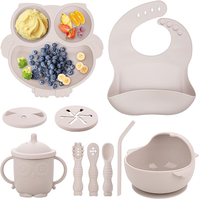 Baby Weaning Set - Silicone Toddler Feeding Set (10 Pcs) with Adjustable Bib, Suction Bowl, Plate, Fork, Spoon, Water & Snack Cup Kit - Baby Led Weaning Kit-CubbioJoy