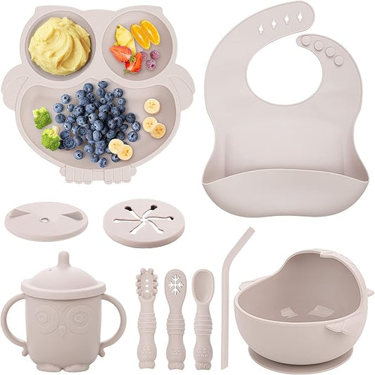 Baby Weaning Set - Silicone Toddler Feeding Set (10 Pcs) with Adjustable Bib, Suction Bowl, Plate, Fork, Spoon, Water & Snack Cup Kit - Baby Led Weaning Kit-CubbioJoy