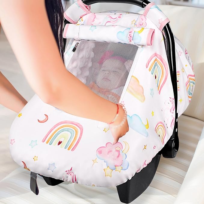 Baby Carseat Cover Girls, Pea Pod Unicorn Infant Car Seat Covers Canopy for Newborn with 2 Layers Windows of Breathable Mesh/Fabric, Lightweight Polyester/Minky Dot Backing, Snug Fit-CubbioJoy