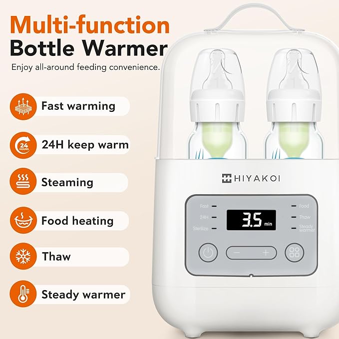 Bottle Warmer, HIYAKOI Fast Baby Bottle Warmer for Breastmilk with Smart Temperature Control, Keep 24H, Sterili-zing, Heat Baby Food, Thaw, Double Bottle Warmer for All Bottles-CubbioJoy