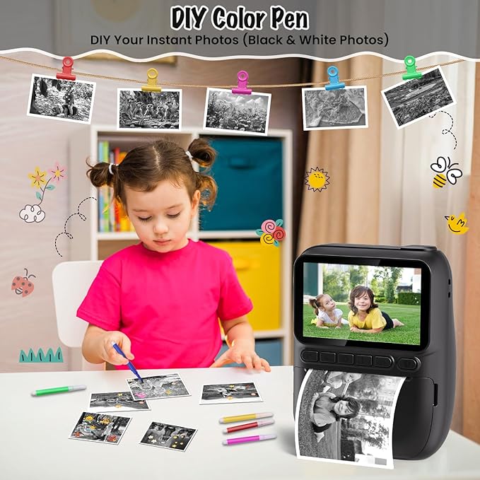 Instant Print Camera for Kids, 3.0" HD 1080P Digital Video Cameras with 3 Rolls of Printer Paper for Toddler, Birthday Gifts Toy for Girls Boys with 32GB SD Card (3.0 Style, Black)-CubbioJoy