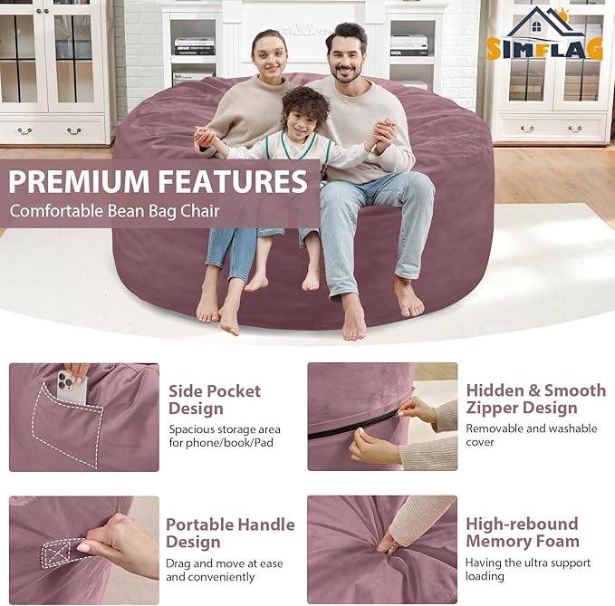 5FT Bean Bag Chair, Large Bean Bag Chairs with Memory Foam Filled, Fluffy Beanbag Sofa with Dutch Velvet Cover, Round BeanBag Chairs for Living Room, Playroom - Dusty Pink-CubbioJoy