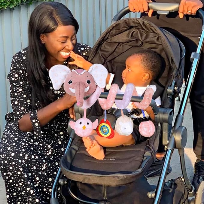 Car Seat Toys, Baby Stroller Toys Infant Spiral Hanging Toys for Crib Bar Bassinet Stroller Car Seat Mobile, Early Development Toys for Newborn Baby Girls 0 3 6 12 Months -Pink Elephant-CubbioJoy
