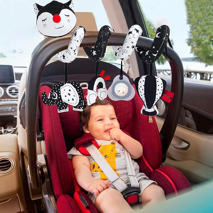 Car Seat Toys, High Contrast Black and White Toy for Infants 0-3 6 12 Months, Musical Black Fox Carseat Toys Stroller Toy for Babies Newborns-CubbioJoy