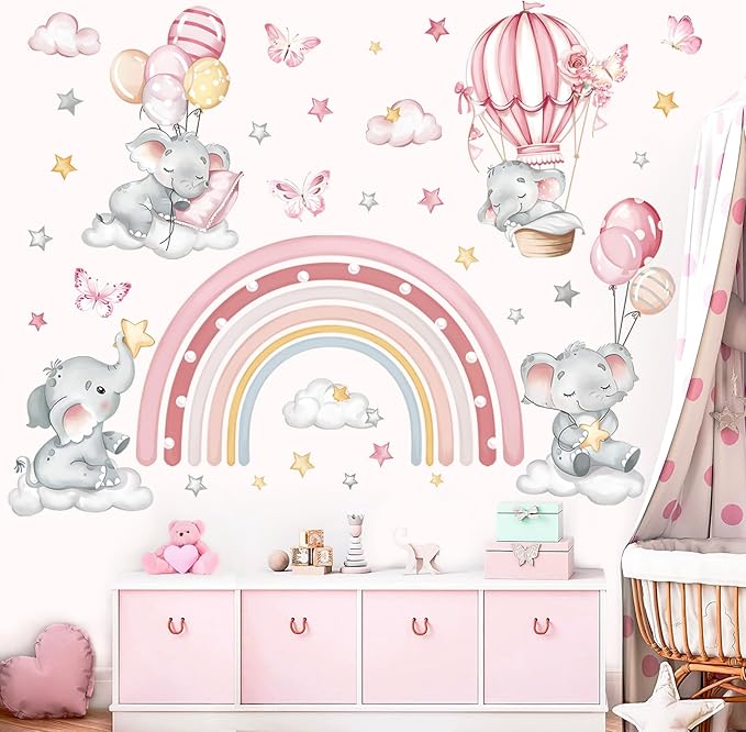 decalmile Pink Rainbow Elephant Wall Stickers Hot Air Balloon Animals Clouds Stars Wall Decals Baby Nursery Kids Bedroom Daycare Wall Decor-CubbioJoy