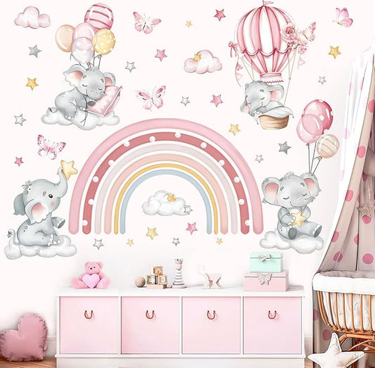 decalmile Pink Rainbow Elephant Wall Stickers Hot Air Balloon Animals Clouds Stars Wall Decals Baby Nursery Kids Bedroom Daycare Wall Decor-CubbioJoy