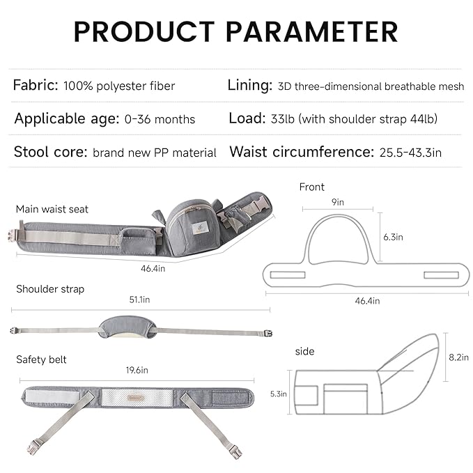 Baby Carrier with Hip Seat Adjustable Strap Huge Storage 4-in-1Toddler Carrier Enhanced Lumbar Support Ergonomic Baby Hip Carrier for Newborns & Toddlers Gray-CubbioJoy